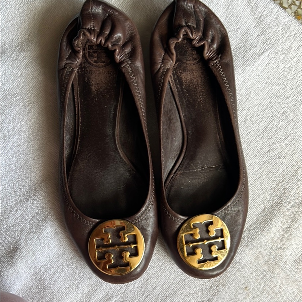 Tory Burch Chocolate Leather Flats with Gold Emblem